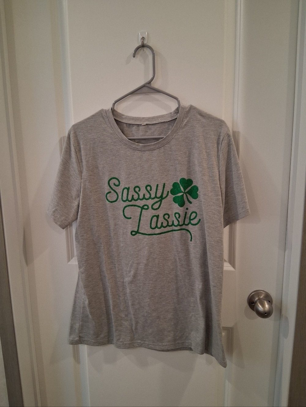 Sassy Lassie Grey Tee with Green Clover Graphic Size XL